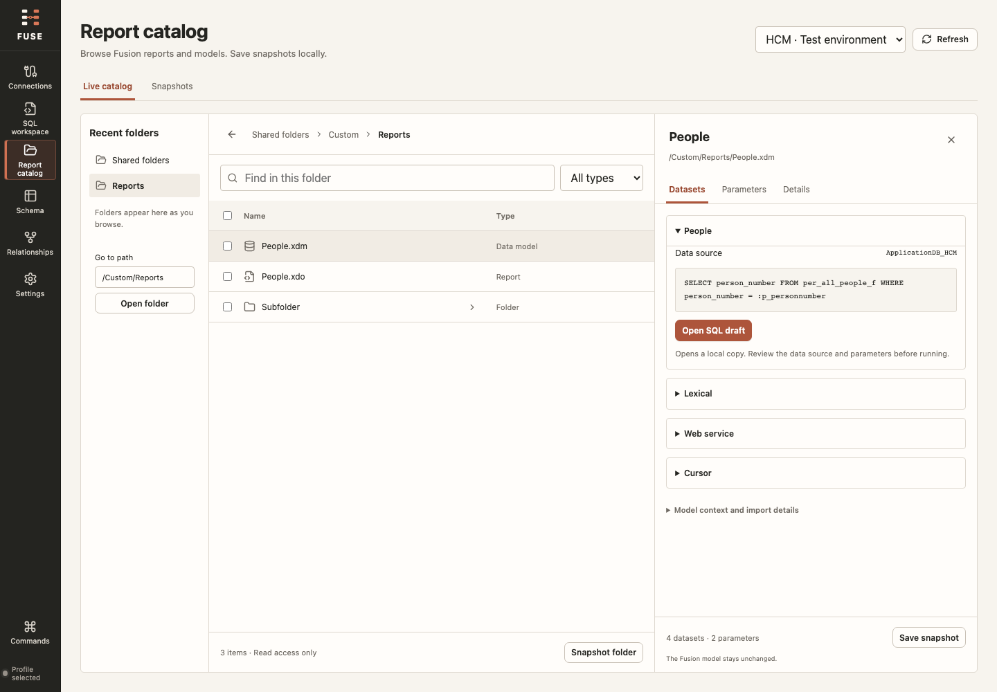 FUSE RC30 build 2 report catalog in light theme, showing sample folders and a data model with SQL and parameters