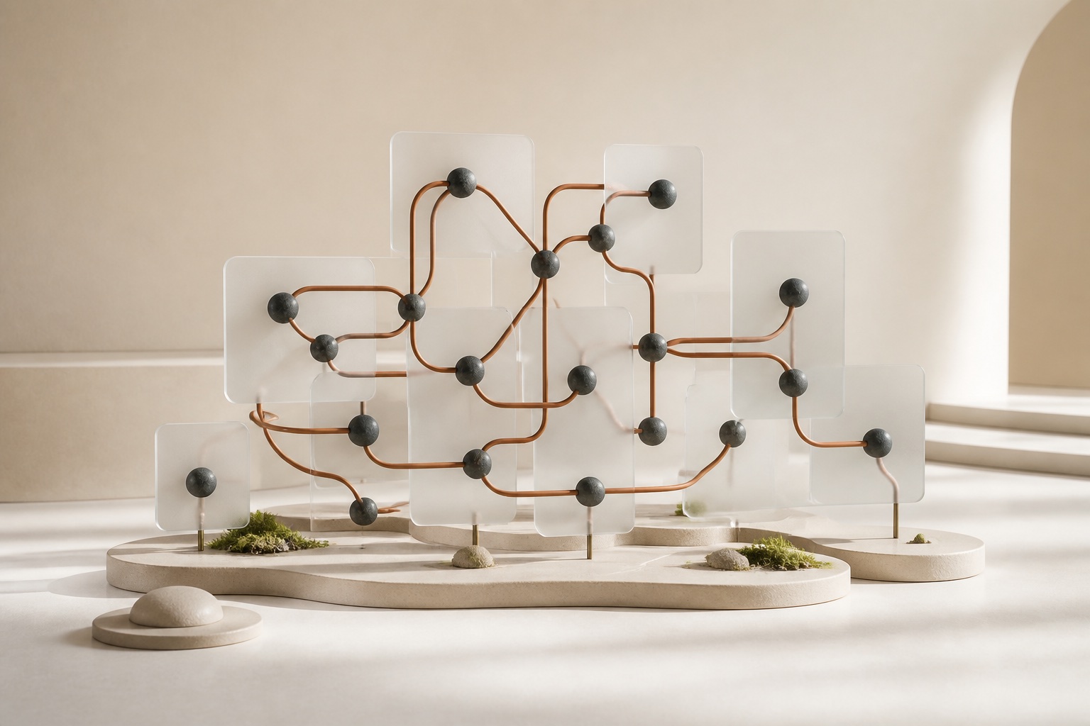 Terracotta relationship routes connecting charcoal nodes across translucent panels